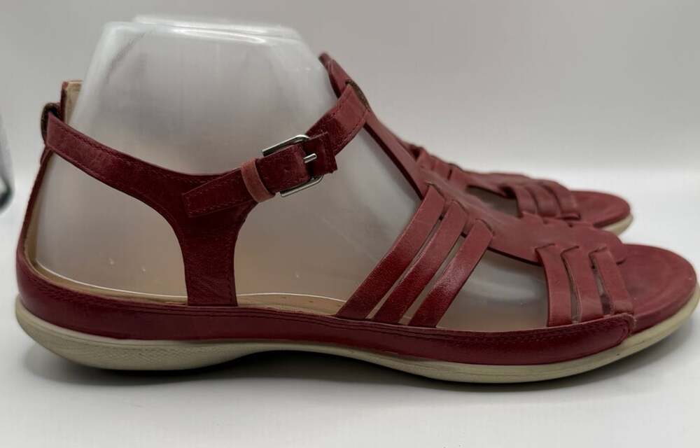 ECCO Red Leather Sandals Size 41 Gladiator Strappy Flat - Picture 2 of 8